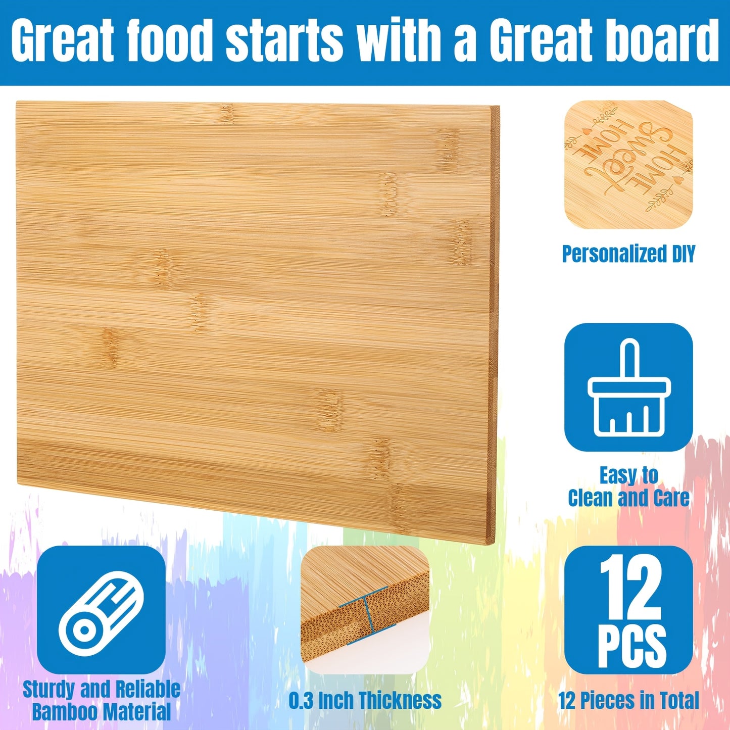 Bamboo | Multipurpose Outus 18-Pack | Large Bamboo Cutting Boards Set, Multipurpose Chopping Boards for Kitchen, Meat, Cheese, Bread, Vegetables, Non-Electric, Durable Wooden Serving Planks