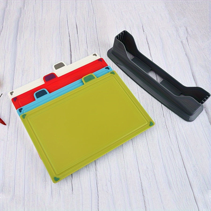 Plastic Kitchen Cutting Board Stand 4pcs Four-color Classification Kitchen Multi-purpose Plastic Cutting Board Set with Stand, Dishwasher Safe And Durable, Suitable for Kitchen Cutting Boards, Fruits, Vegetables And Meat.